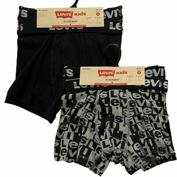 Levis Boys Soft Stretch Cotton Boxer Briefs Size S (6-8) Black Gray 2-Pack - Picture 1 of 8